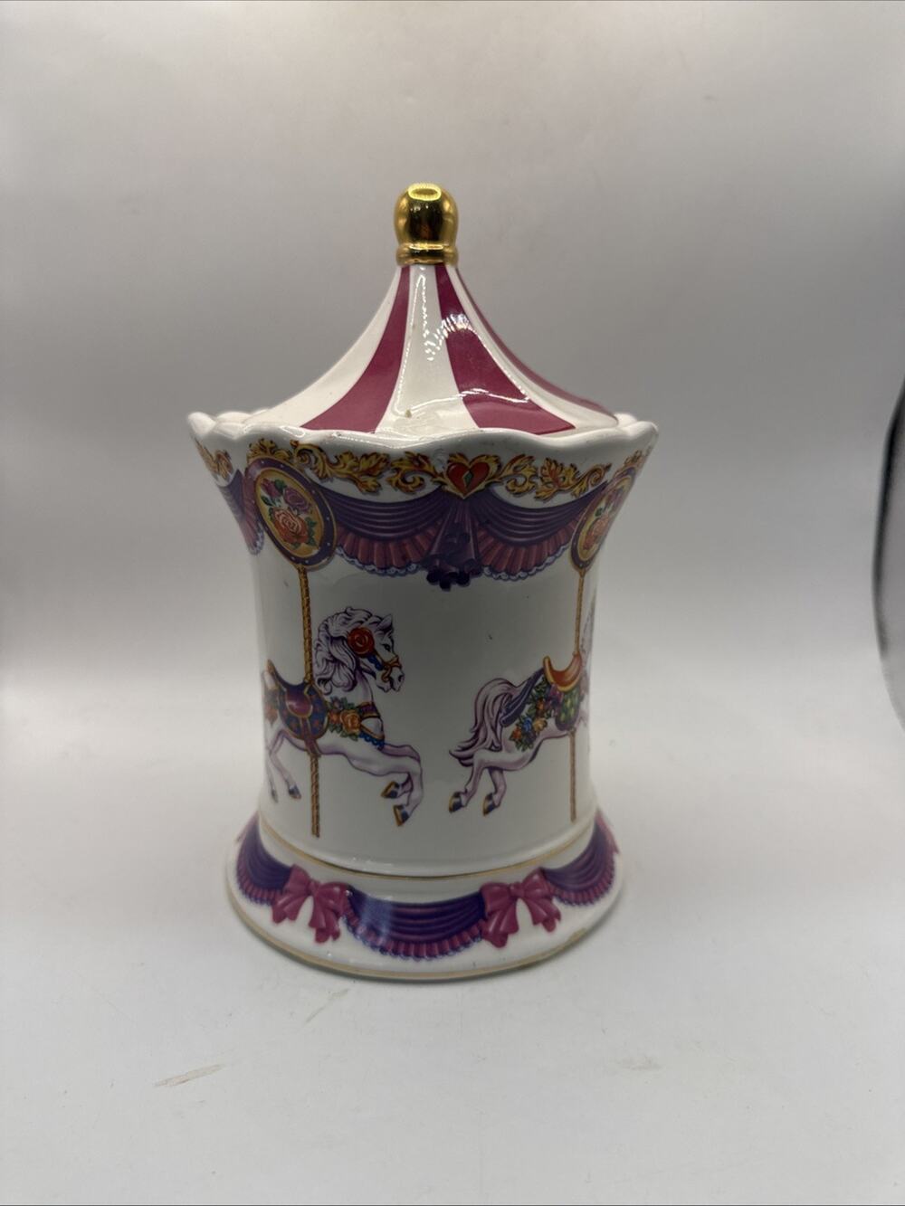 Telaflora 8” Horse Carousel Waltz MUSIC BOX Planter/Candy Dish w/Lid Holder *